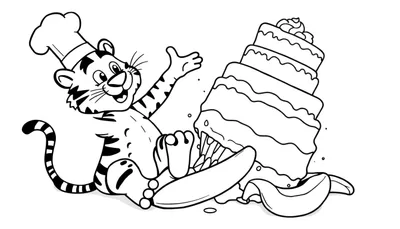 Disegno da colorare di una tigre con cappello da chef che mangia una torta a più piani che sta cadendo, con pezzi di banana sul terreno.