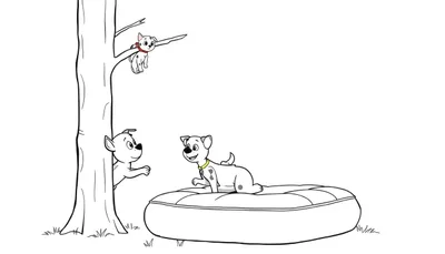 Disegno da colorare di tre cani: uno su un lettino, uno dietro un albero, e uno su un ramo.