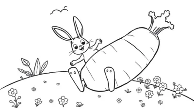 Disegno a inchiostro di un coniglio sorridente con lunghe orecchie che si dondola su una grande carota, con fiori, piantine e nuvole.