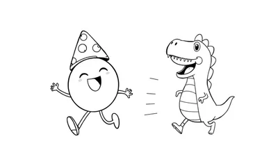 Disegno in bianco e nero da colorare di un personaggio rotondo con cappello da festa e un dinosauro con cresta che corrono felicemente l'uno verso l'altro.