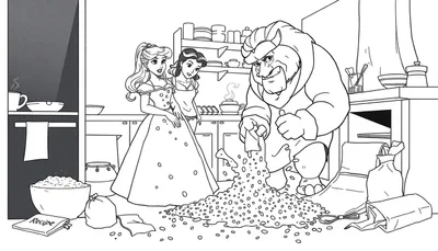 Disegno da colorare in bianco e nero: donna bionda con corona, donna con grembiule e una bestia cornuta che rovesciano chicchi in una cucina disordinata con pentole, piatti e un libro di ricette.