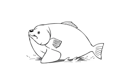 Disegno in bianco e nero di una creatura ibrida pesce-foca, paffuta, con testa tonda, occhio grande, bocca preoccupata, pinne e zampette, su sfondo bianco con polvere o gocce d'acqua.