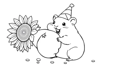 Disegno da colorare di un criceto stilizzato con cappello da festa e un girasole.