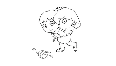 Disegno al tratto nero di due bambini gemelli sorridenti che indossano uno zaino, con un piccolo oggetto a forma di lecca-lecca in basso a sinistra.