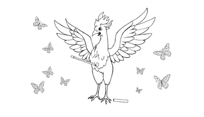 Disegno a linea bianca e nera di una fenice che tiene una bacchetta tra le zampe, con farfalle che le svolazzano intorno, pronto per essere colorato.