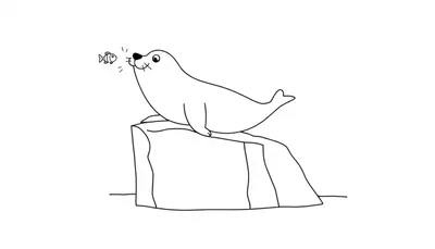 Disegno a linee di una foca felice su una roccia con un pesciolino vicino.