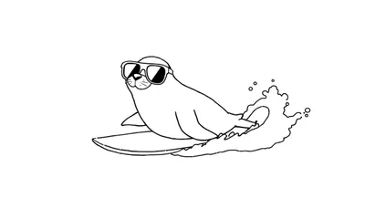 Disegno da colorare di una foca con occhiali da sole che surfano su un'onda, con schizzi d'acqua.