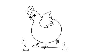 Disegno al tratto bianco e nero di una gallina rotonda con grandi occhi curiosi, piume sulla testa e scintille ai piedi, che cammina su una linea di terra.