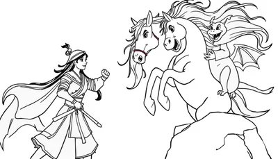 Disegno da colorare di una guerriera con spade, due cavalli in posa drammatica e un piccolo drago alato su sfondo bianco.