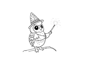 Disegno da colorare di un gufo con cappello da mago e bacchetta magica.