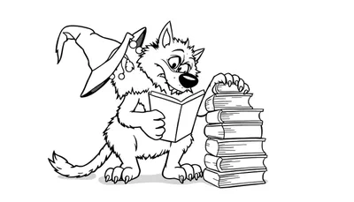 Disegno da colorare di un lupo con cappello da strega che legge un libro.