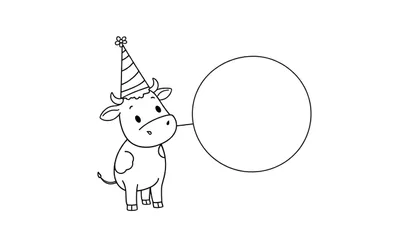 Disegno da colorare di una mucca in stile cartone animato con un cappello da festa e un cerchio vuoto.