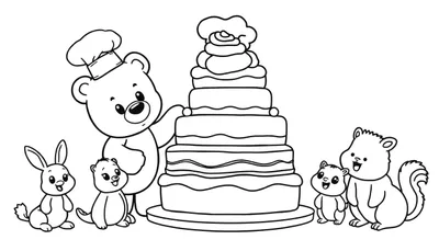 Disegno da colorare di un orso chef, un coniglio, un roditore e uno scoiattolo vicino a una torta a più strati.