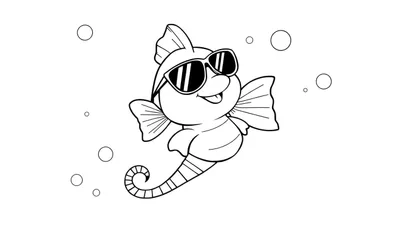 Disegno stilizzato in bianco e nero di un pesce cavalluccio marino sorridente con occhiali da sole e bolle d'aria, pronto per essere colorato.