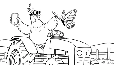 Disegno in bianco e nero di un pollo con occhiali da sole che tiene un telefono cellulare, seduto su un trattore con una farfalla che vola vicino.