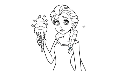Disegno al tratto di una ragazza con treccia che guarda con sorpresa un cono gelato che si scioglie, decorato con fiocchi di neve e circondato da stelle.