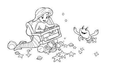 Disegno da colorare di una sirena felice con lunghi capelli, seduta sul fondo del mare, che apre un forziere del tesoro. Conchiglie, stelle marine e bolle d'aria la circondano, con un granchio sorridente a destra.