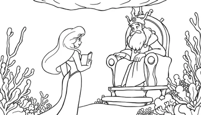 Disegno da colorare di una sirena dai capelli castani e coda verde che parla con un re barbuto con corona e abito dorato, su un trono, in un ambiente sottomarino con coralli e alghe.