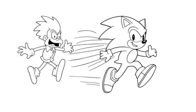 Disegno al tratto per bambini di Sonic the Hedgehog e un personaggio umanoide che corrono veloci, entrambi con espressioni dinamiche e linee di movimento.