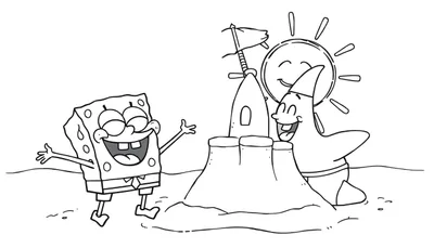Disegno da colorare di SpongeBob e Patrick che costruiscono un castello di sabbia con un sole sorridente.