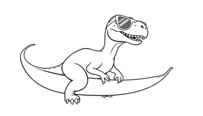 Disegno da colorare di un T-Rex stilizzato con occhiali da sole che sorride mentre cavalca una falce di luna.