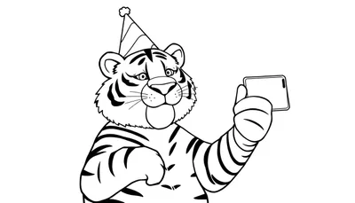 Disegno in bianco e nero di una tigre che fa un selfie con un cappello da festa e uno smartphone.