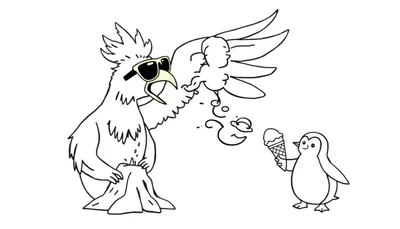 Disegno da colorare di un uccello con occhiali da sole che fa cadere un gelato e un pinguino che ne tiene uno.