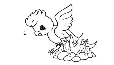 Disegno in bianco e nero di un simpatico uccello stilizzato con grandi occhi neri, un piccolo becco e un ciuffo sulla testa, con le ali spiegate e che guarda verso il basso un piccolo falò o delle fiamme. Due piccole forme circolari sono presenti vicino alla testa dell'uccello. L'immagine è su uno s