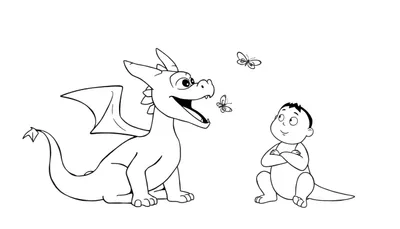 Disegno da colorare di un drago amichevole e un bambino che osservano farfalle.