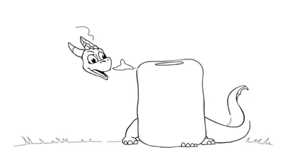 Disegno a linea di un drago con espressione sorpresa che sporge da un barile, con una nuvoletta di fumo e erba alla base.