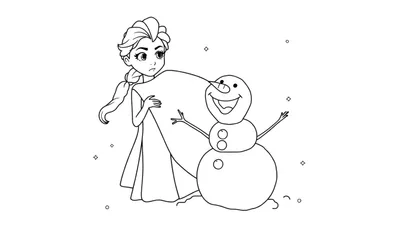 Disegno al tratto di Elsa e Olaf, personaggi di Frozen, con Elsa che manipola del ghiaccio e Olaf che la guarda felice.