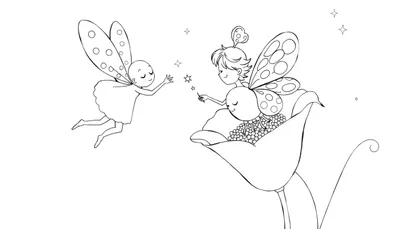 Due fatine con ali e bacchette magiche, una in volo e una seduta su un fiore, con stelle sparse.