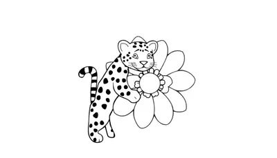 Disegno al tratto di un ghepardo stilizzato con macchie nere che tiene un grande fiore tra le zampe, pronto per essere colorato.
