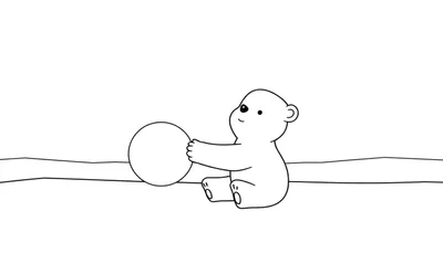 Disegno da colorare di un orso polare stilizzato seduto che tiene una palla bianca, con un'espressione allegra e due linee curve sullo sfondo.