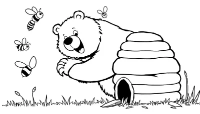 Disegno da colorare di un orso che guarda da un alveare con api, erba e spighe