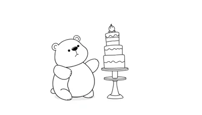 Disegno da colorare: orso polare pensieroso accanto a una torta decorata con onde e candela accesa. Sfondo bianco.