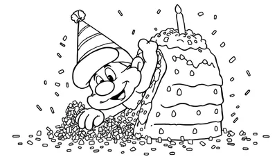 Disegno a linea di un personaggio dei cartoni animati con cappello da festa che spunta da coriandoli, con torta di compleanno multistrato e candela.