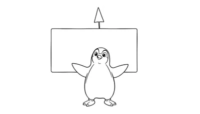 Disegno in bianco e nero di un pinguino sorridente di fronte a una lavagna vuota con una freccia sopra.