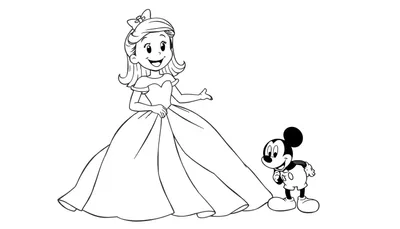 Disegno in bianco e nero di una bambina con vestito da principessa e Topolino.