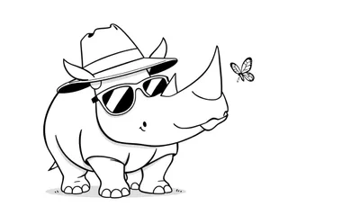 Disegno da colorare di un rinoceronte con cappello e occhiali da sole che osserva una farfalla.