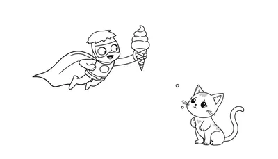 Disegno da colorare di un supereroe che vola con un cono gelato e un gatto che lo guarda desideroso.