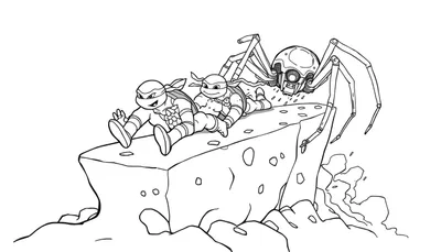 Disegno a tratto di tre figure simili alle Tartarughe Ninja sedute su una roccia, con un robot ragno stilizzato alle loro spalle. Immagine in bianco e nero adatta da colorare.