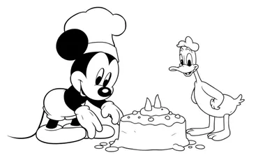 Disegno da colorare di Topolino e Paperino con una torta, Topolino con cappello da chef.