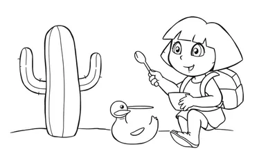 Disegno a linea di una bambina seduta con zaino, ciotola e cucchiaio, vicino a un cactus e un papero di gomma.