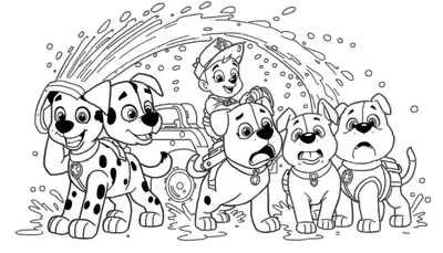 Disegno da colorare di cani bagnati da acqua e un bambino pompiere al volante.