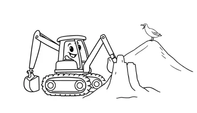 Disegno a linea di un escavatore sorridente che lavora su un cumulo di terra, con un uccellino su una collina.