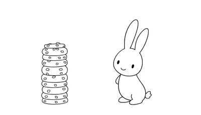 Disegno da colorare di un coniglietto bianco in stile cartone animato che guarda una pila di biscotti con gocce di cioccolato.