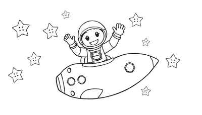 Disegno da colorare in bianco e nero di un astronauta con un grande sorriso e braccia alzate, seduto su un razzo appuntito con finestre esagonali, circondato da stelle.