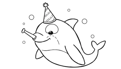 Disegno per bambini di un delfino con cappello a righe e trombino, circondato da bolle, pronto per essere colorato.