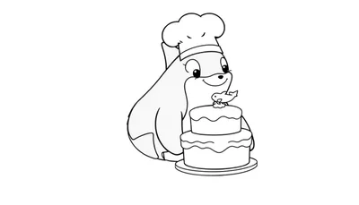 Disegno da colorare di una foca chef con un cappello da cuoco che decora una torta a due piani con un pesce in cima.